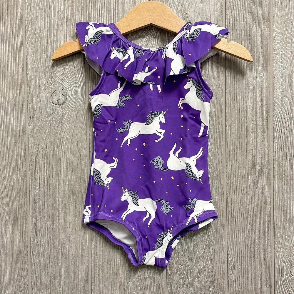 NEW Hanna Andersson Girls 80 18-24 Mos Swimsuit Purple Ruffle Unicorn One Piece